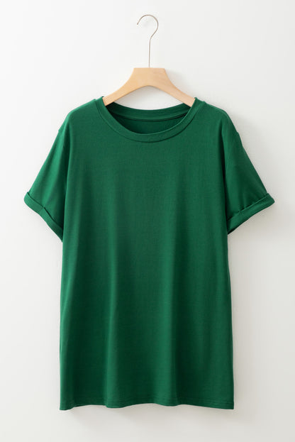 T-shirt vert foncé à col rond et manches retroussées grande taille