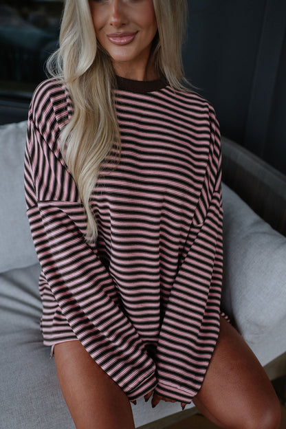 Brown Stripe Long Sleeve Oversized Top Pocketed Casual Shorts Two Piece Set