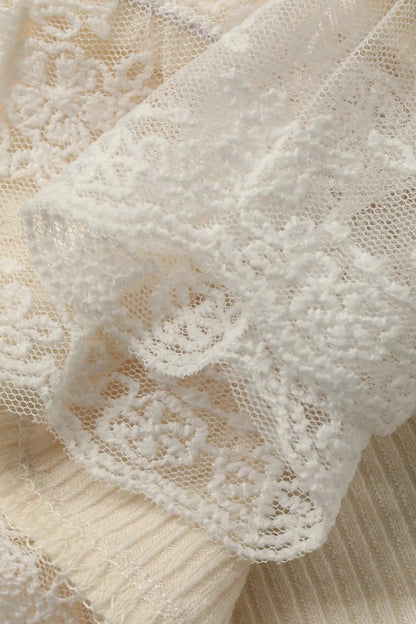 Beige Ribbed Knit Sweet Lace Hem Vest