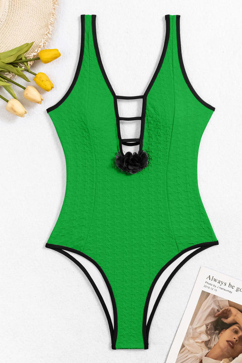 Bright Green 3D Flower Ladder Cut out Textured One Piece Swimwear