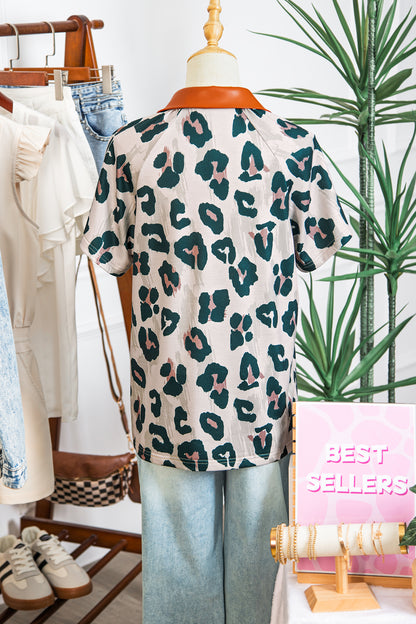 Casual Unique Leopard Print Button Contrast Collared Short Sleeve Blouse