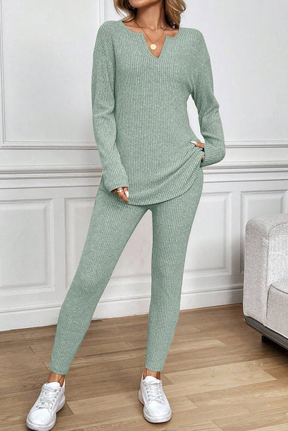 Grass Green Ribbed Notched Neck Knit Long Sleeve Leggings Two Pieces Lounge Set