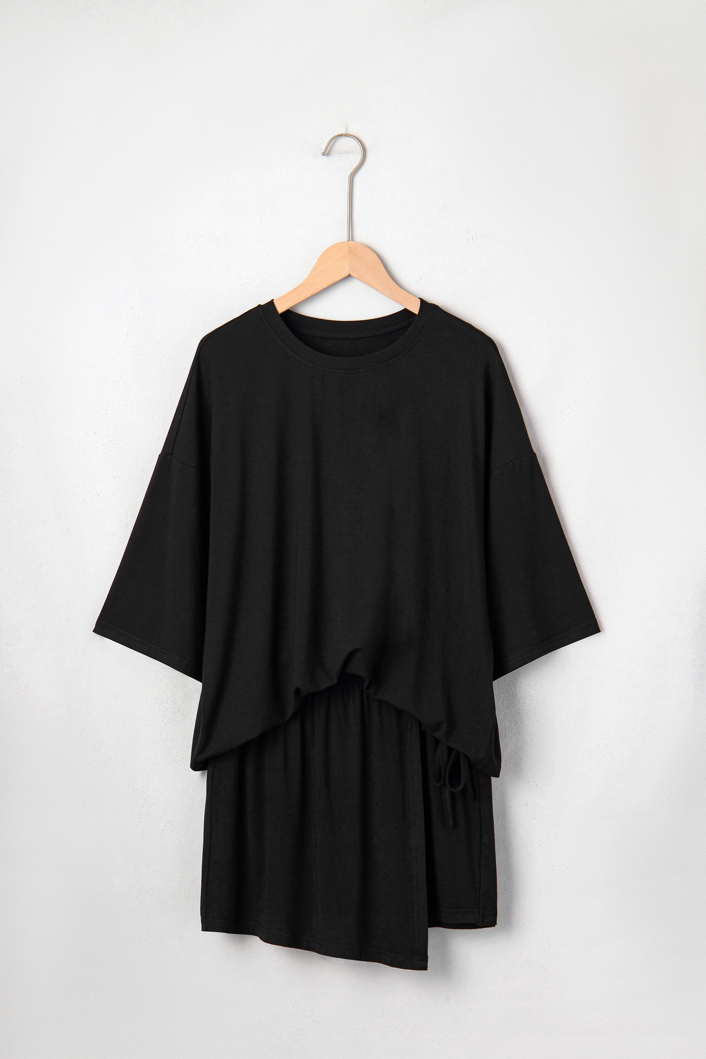 Black Solid Color Oversize Tee Tie Wrap Mini Skort 2pcs Set