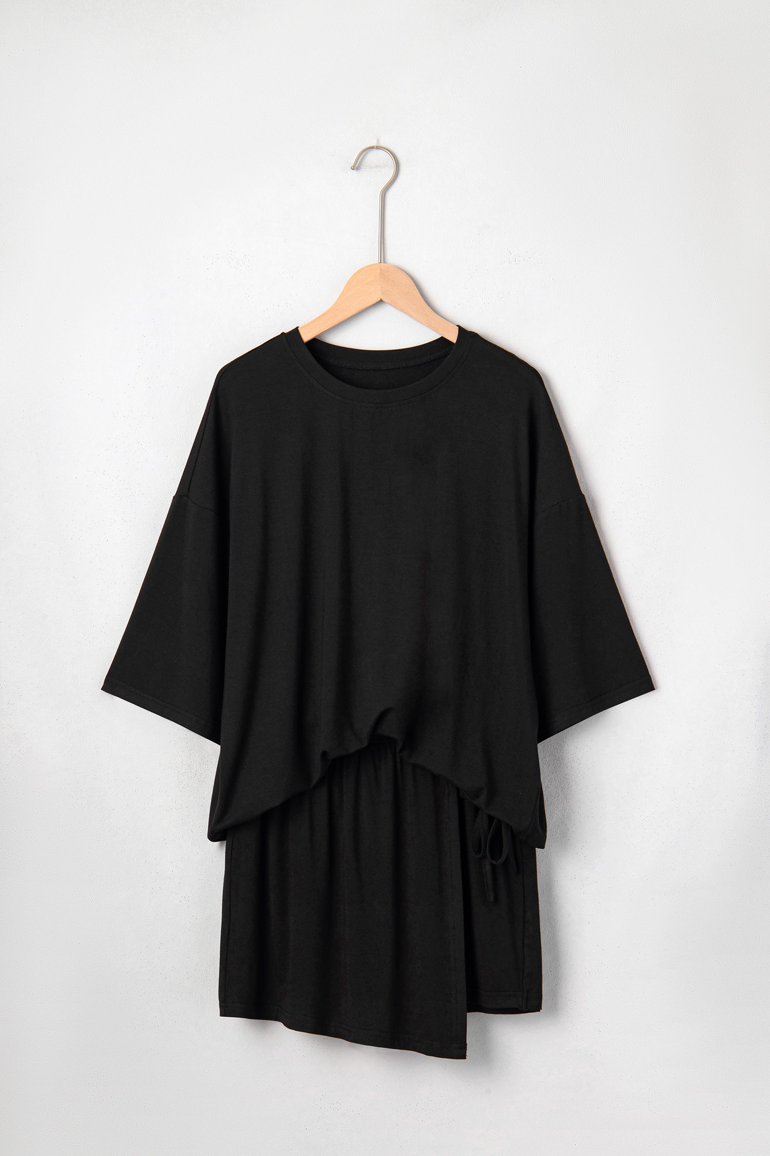 Black Solid Color Oversize Tee Tie Wrap Mini Skort 2pcs Set
