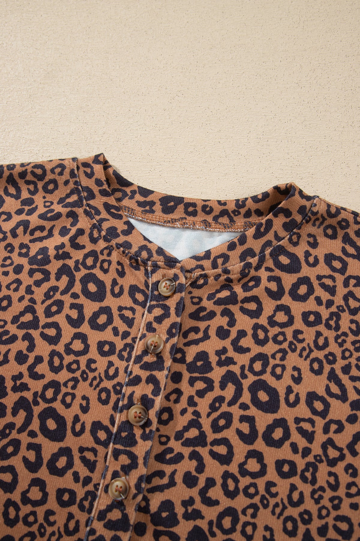 Brown Leopard Print Long Sleeve Henley Top Elastic Waist Shorts 2pcs Outfit