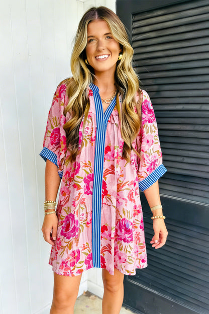 Multicolour Floral Striped Patchwork Trim Half Sleeve Mini Dress