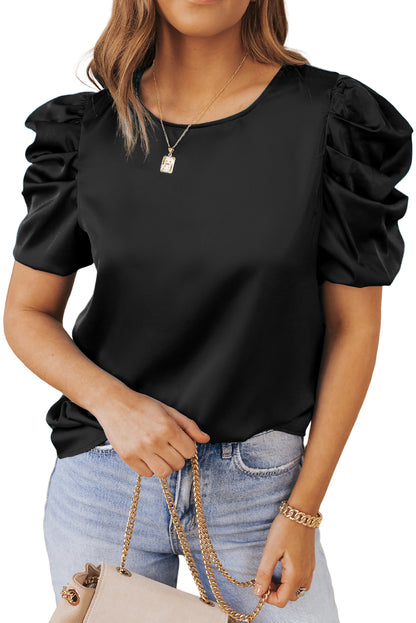 Ruched Puff Short Sleeve Satin Blouse