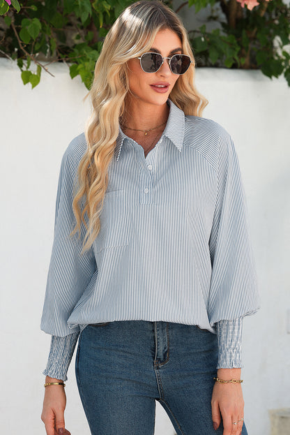 Gray Pinstripe Long Sleeve Smocked Cuffs Button Shirt Collar Blouse