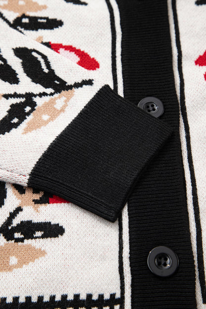 Beige Floral Print Buttoned Front V Neck Knit Cardigan