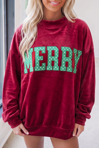 Burgundy Christmas Velvet Graphic Print Long Sleeve Sweatshirt