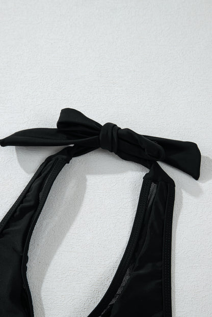 Bikini push-up noir à col en V et bordure en maille transparente