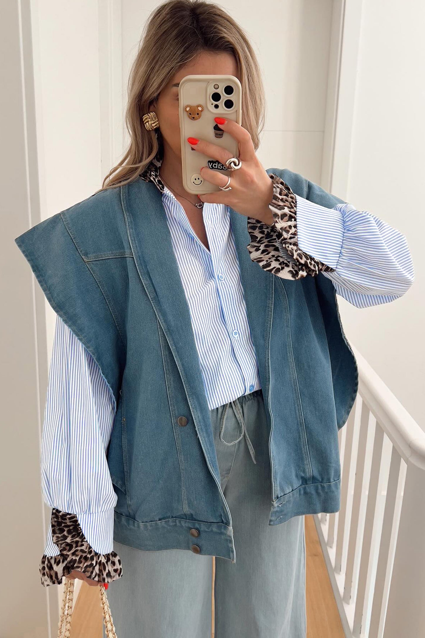 Sky Blue Stripe Ruffled Leopard Patchwork Long Sleeve Button Down Loose Shirt