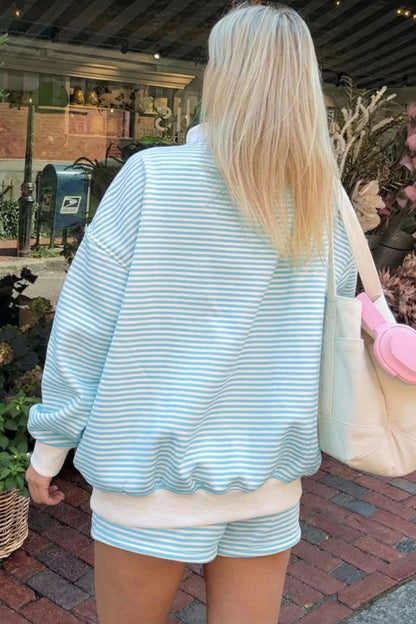 Sky Blue Stripe Oversize Mock Neck Sweatshirt and Shorts Set