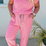 Bonbon Solid V-Neck Tee and Drawstring Plus Size Pants Set