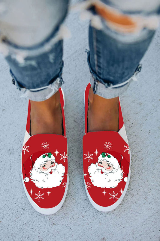 Zapatos planos de lona sin cordones con estampado navideño rojo de Papá Noel 