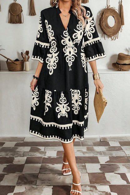 Robe midi ample noire à imprimé géométrique occidental, manches 3/4