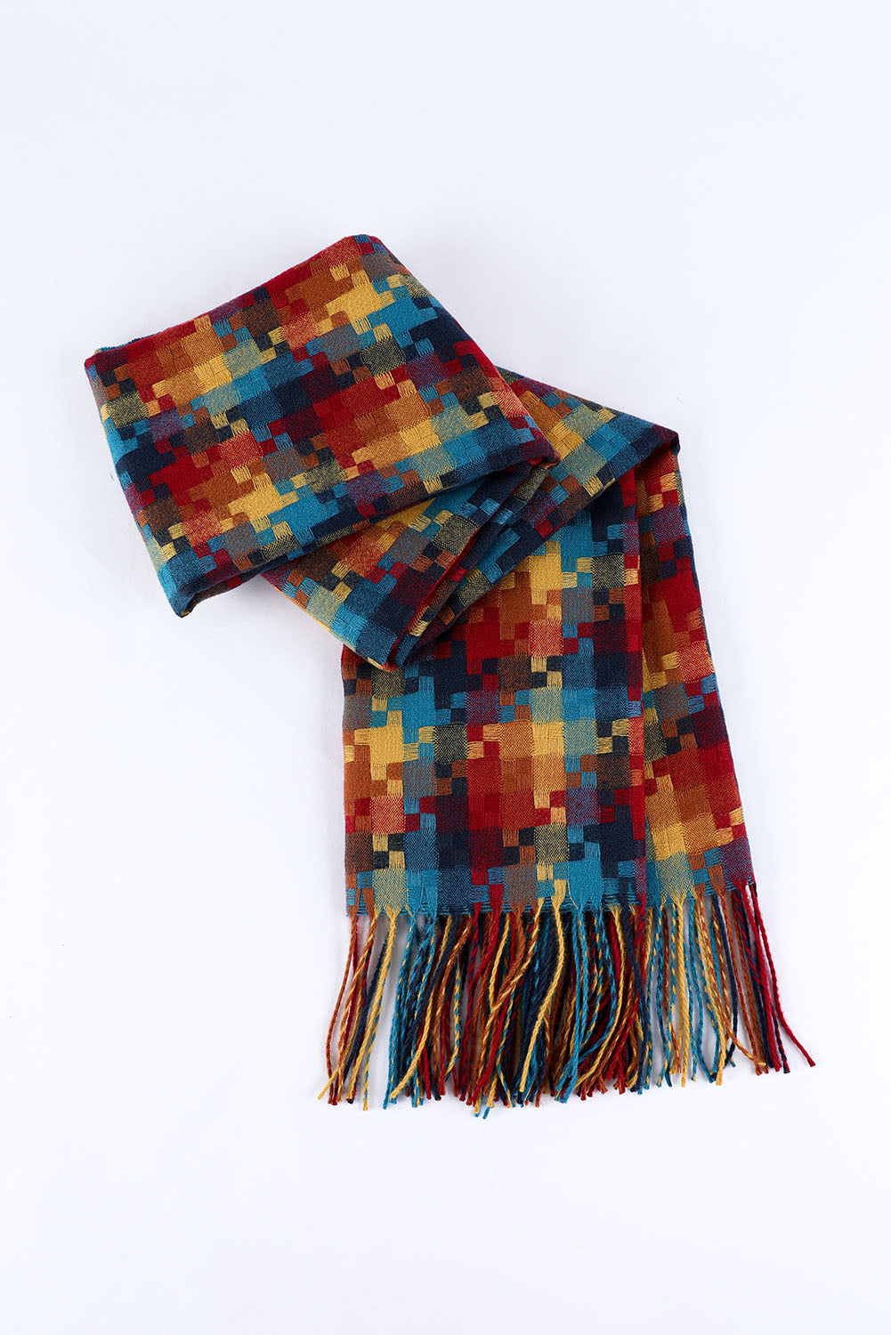 Bufanda con dobladillo con flecos y estampado de cuadros multicolor 