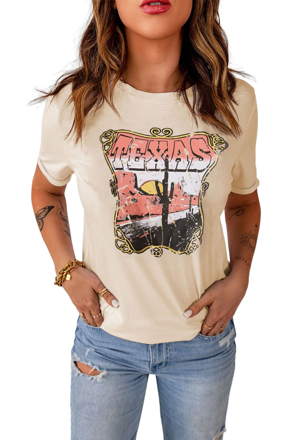 Camiseta caqui con cuello redondo y estampado gráfico de eslogan de MOMLIFE