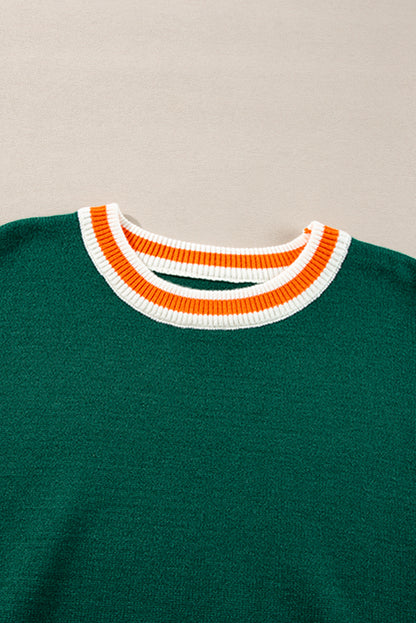 Pull à épaules tombantes et bordure rayée vert noirâtre