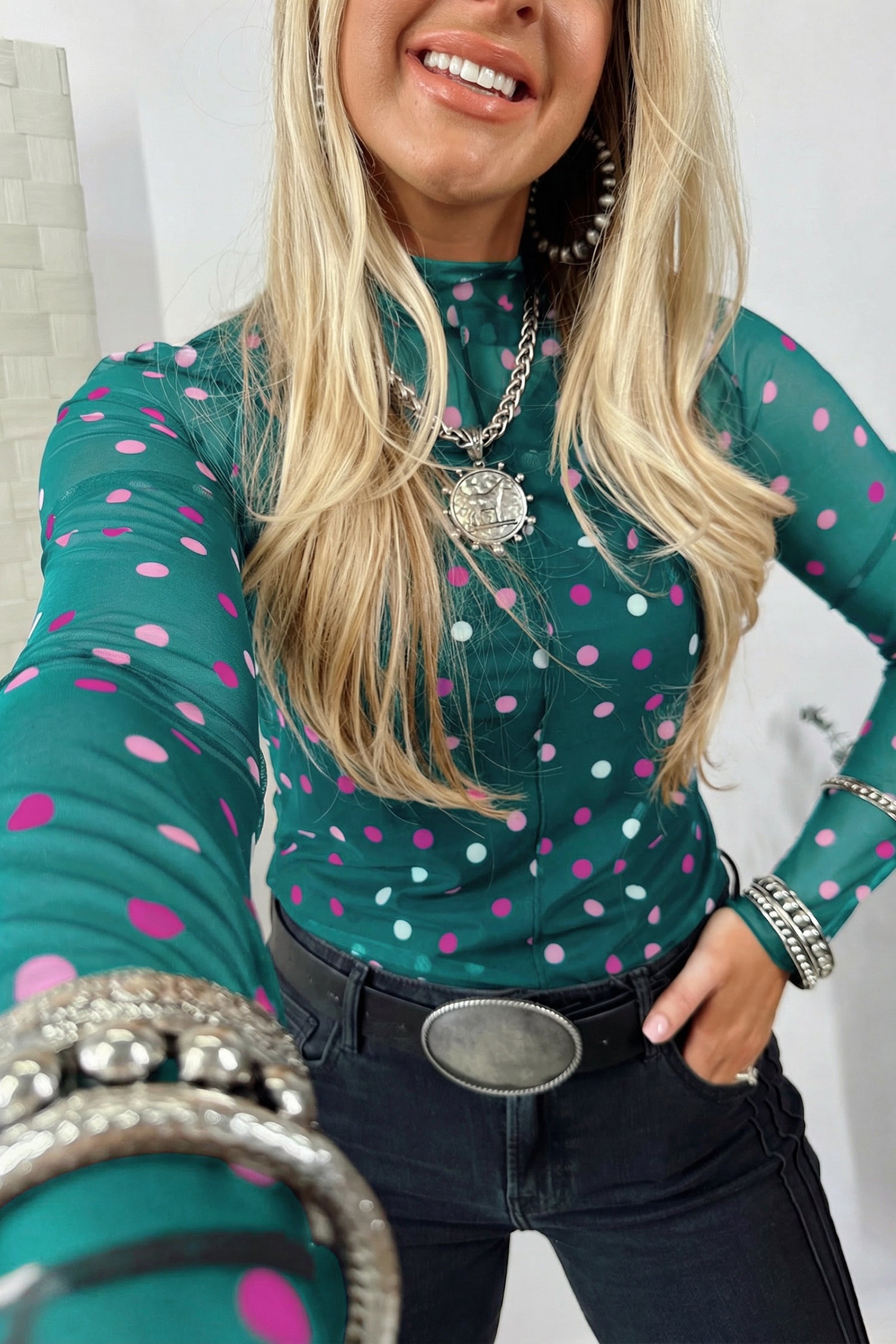 Green Polka Dot Patterned Bodycon Mock Neck Mesh Long Sleeve Top
