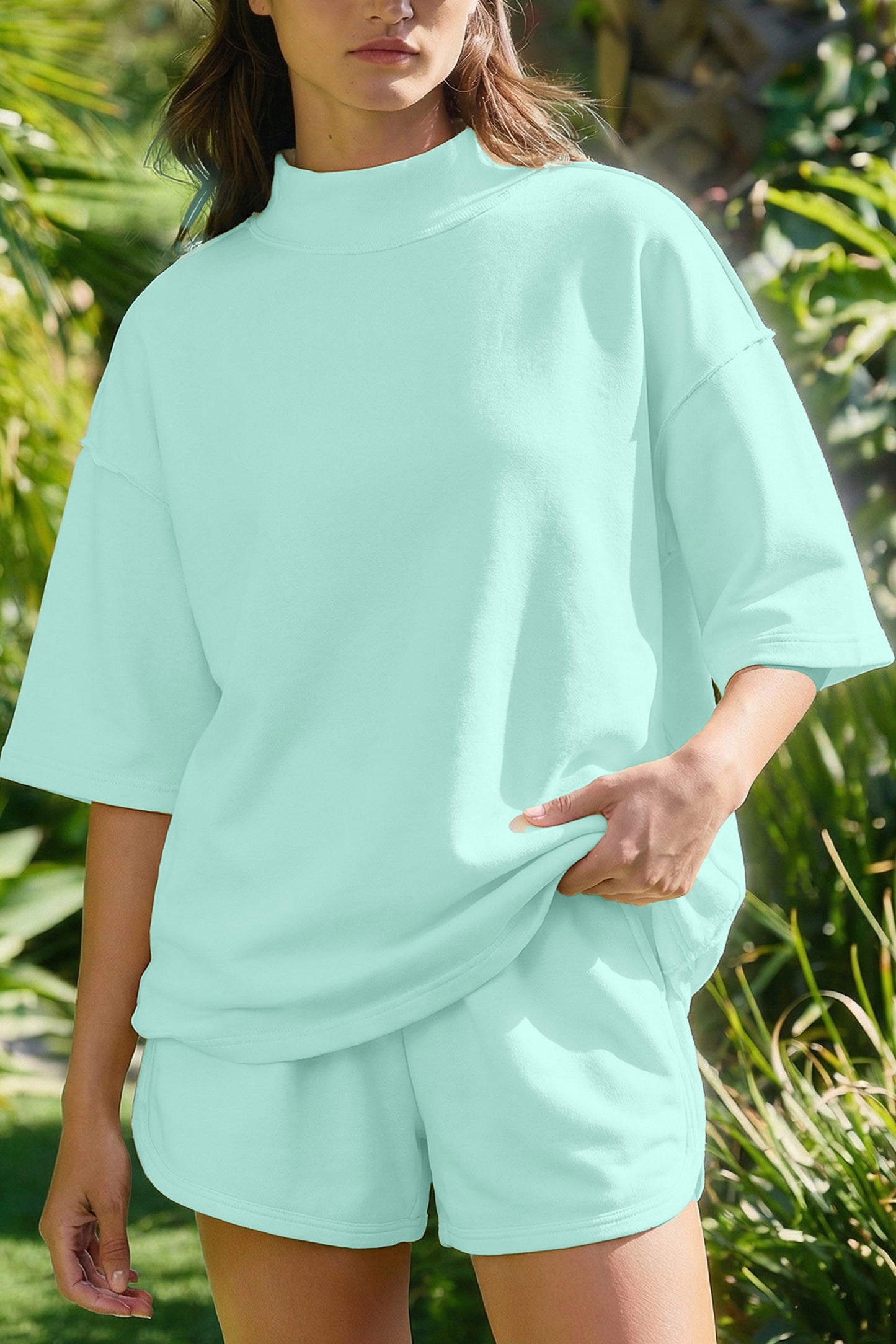 Moonlight Jade Solid Color Exposed Seam Mock Neck Oversize Tee Casual Shorts 2pcs Outfit
