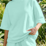 Moonlight Jade Solid Color Exposed Seam Mock Neck Oversize Tee Casual Shorts 2pcs Outfit