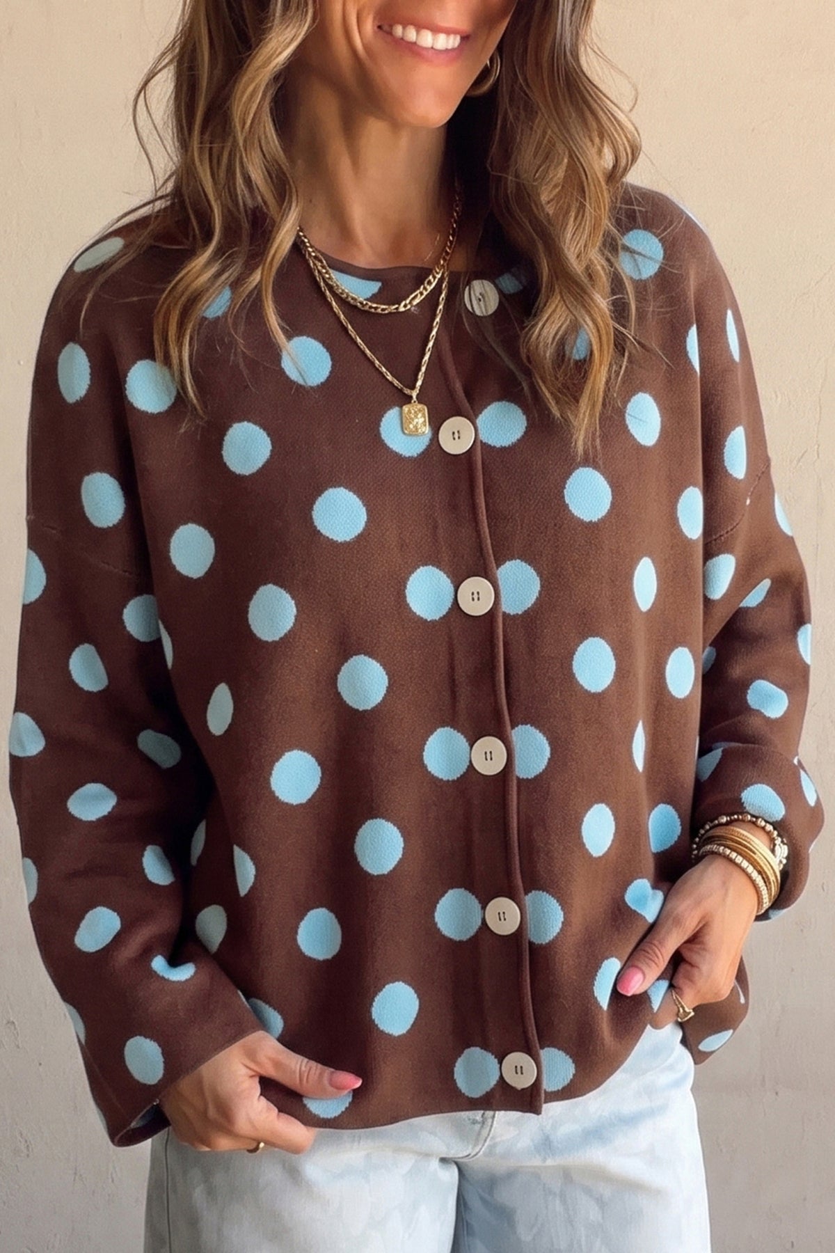 Brown Polka Dot Button Down Dropped Shoulder Shift Cardigan