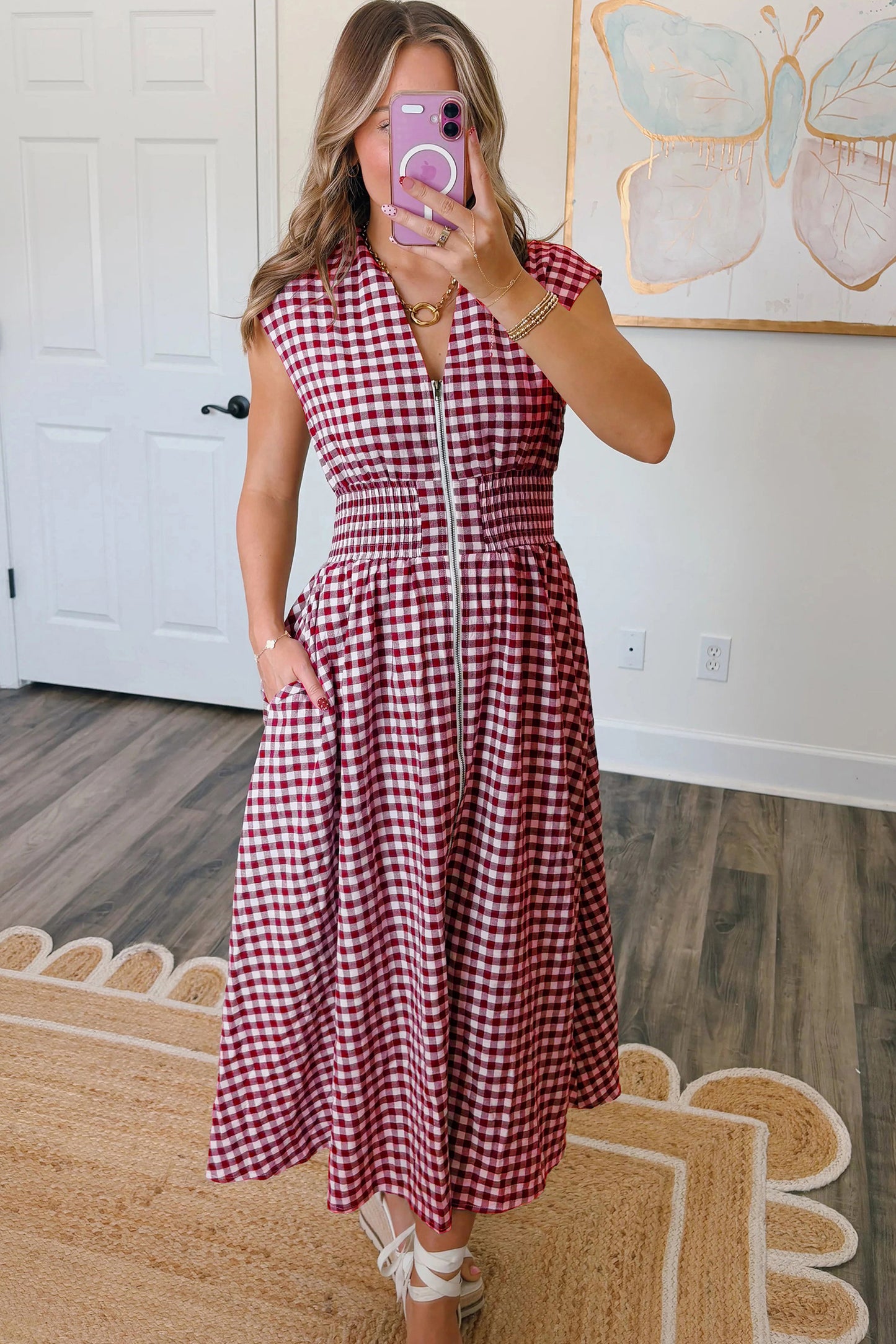 Red Plaid Print Full Zipper Cinched Waist Fit Flare Sleeveless Maxi Dress