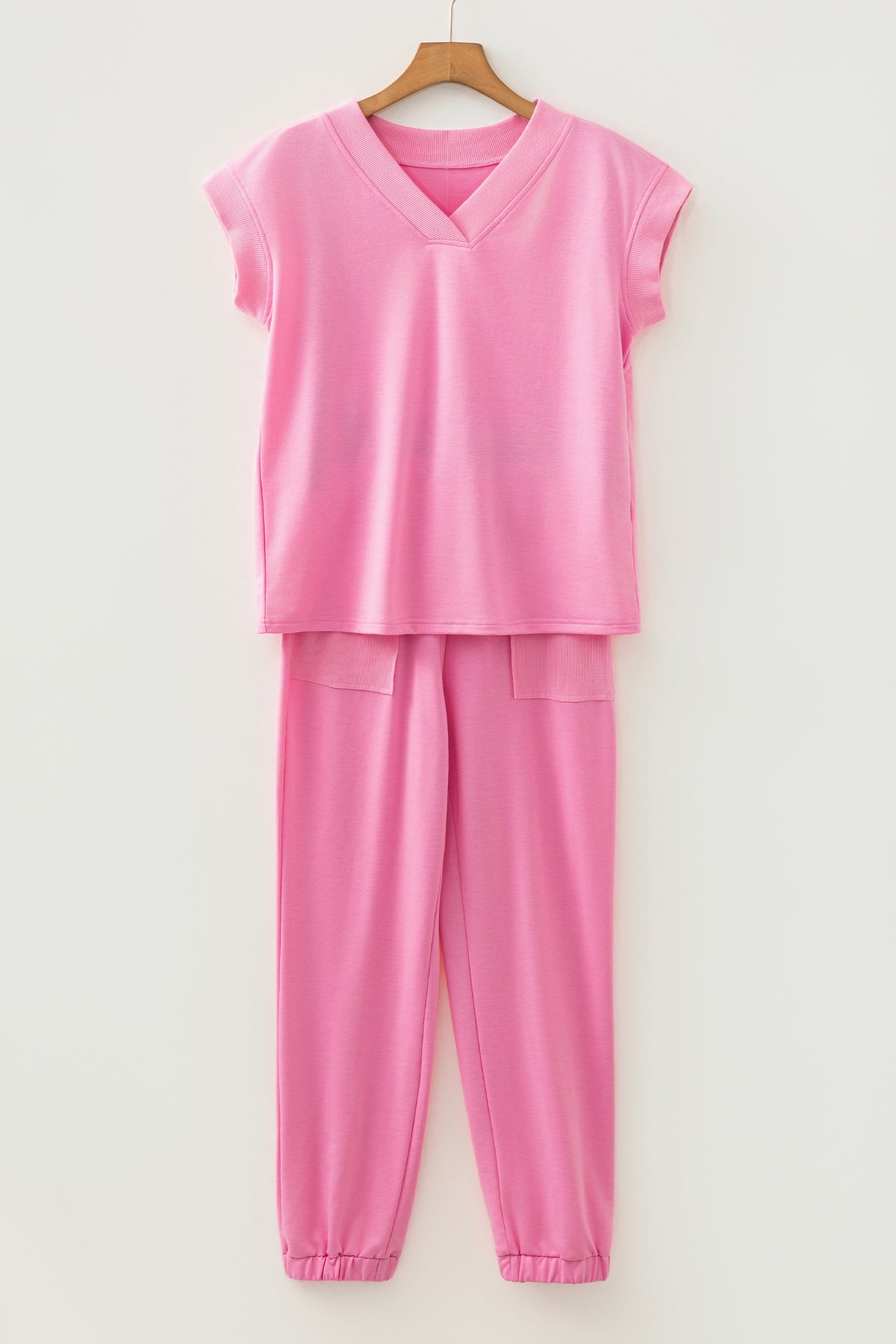 Bonbon Solid Color V Neck Tee Drawstring Pant Set