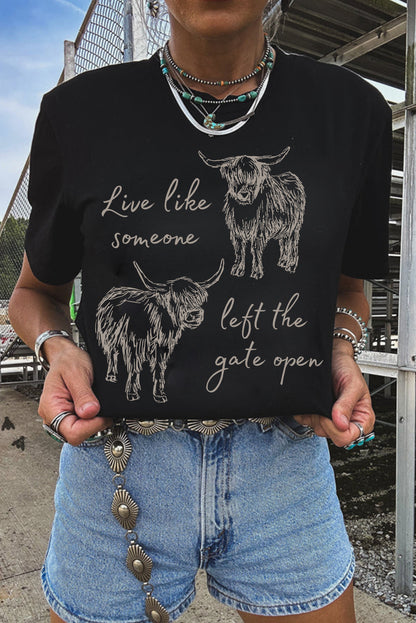 T-shirt décontracté à col rond et imprimé vache western noire