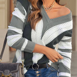 Gray Striped Colorblock V Neck Knitted Sweater