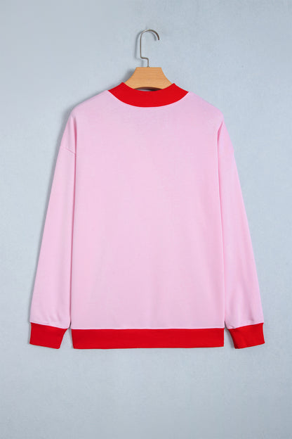 Pink Colorblock Trim Crewneck Long Sleeve Pullover Sweatshirt