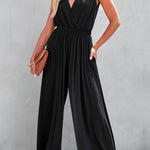 Black Deep V Pleated Crisscross Wide Leg Backless Jumpsuit