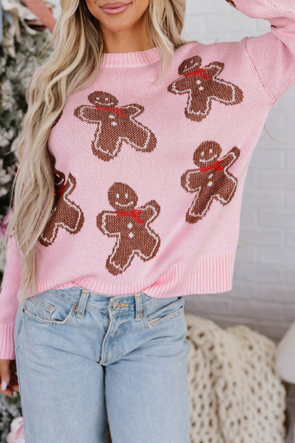Pink Gingerbread Pattern Round Neck Long Sleeve Shift Sweater