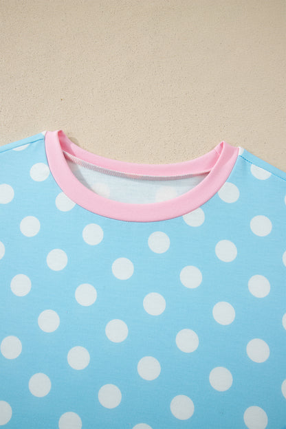 Sky Blue Polka Dot Short Sleeve Top and Pants Set