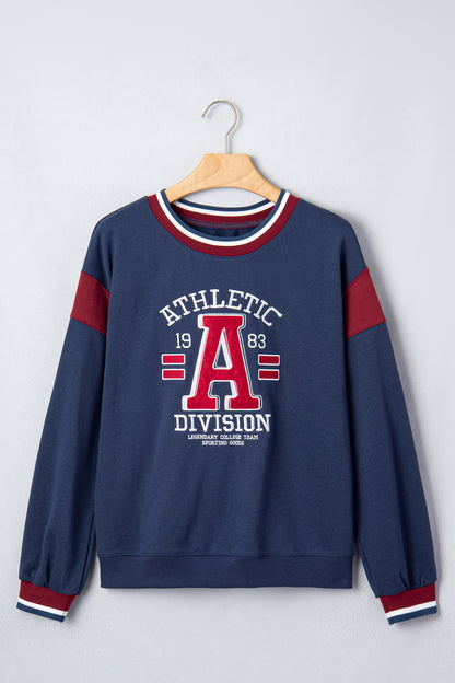 Sail Blue Patchwork Round Neck Long Sleeve Sweatshirt