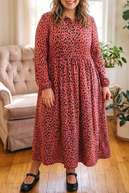 Red Leopard Print Long Sleeve V Neck Plus Size Midi Dress