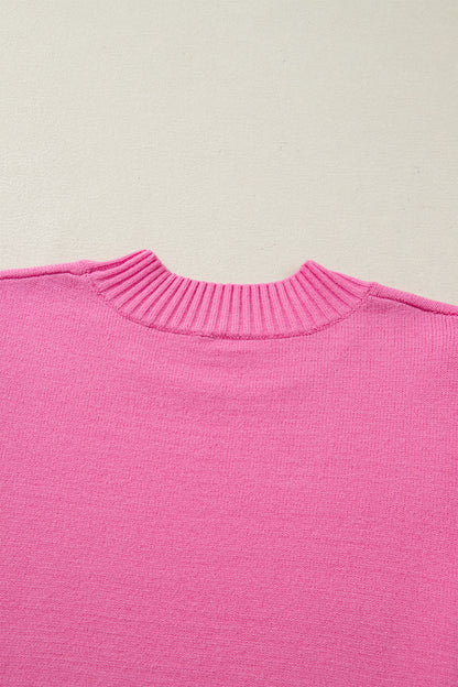 Sachet Pink Solid Color Ribbed Trim Round Neck Ruffle Short Sleeve Sweater