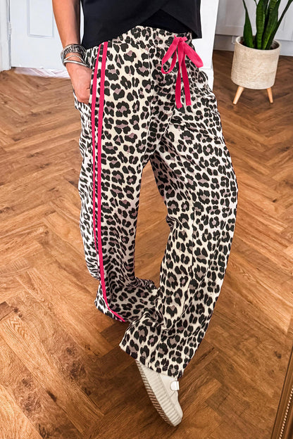 Rose Contrast Detail Tie Waist Leopard Print Casual Pants