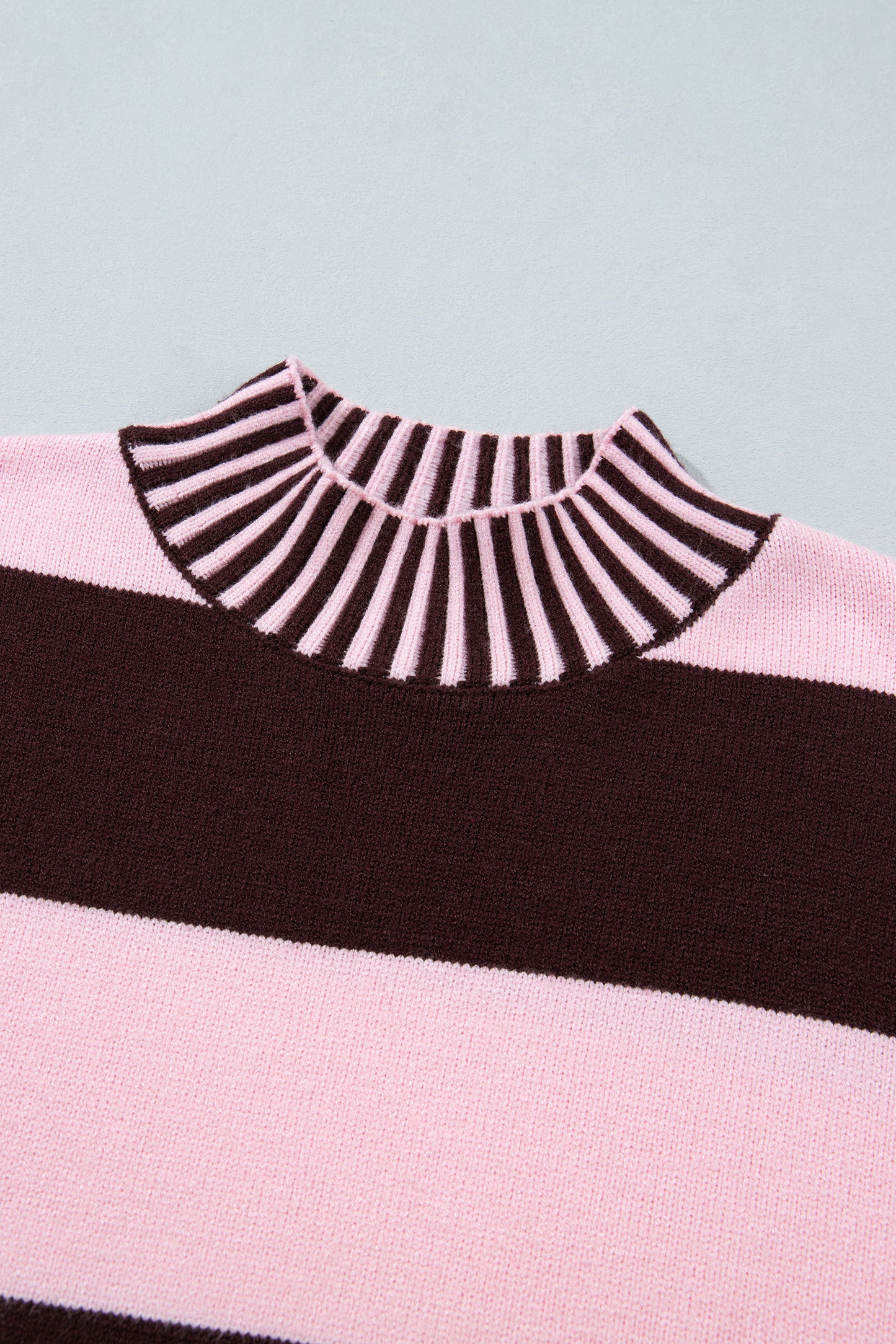 Pink Stripe Contrast High Neck Dropped Shoulder Relaxed Pullover Sweater