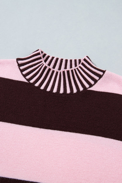Pink Stripe Contrast High Neck Dropped Shoulder Relaxed Pullover Sweater