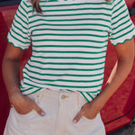 Green Stripe Scalloped Trim Round Neck T Shirt