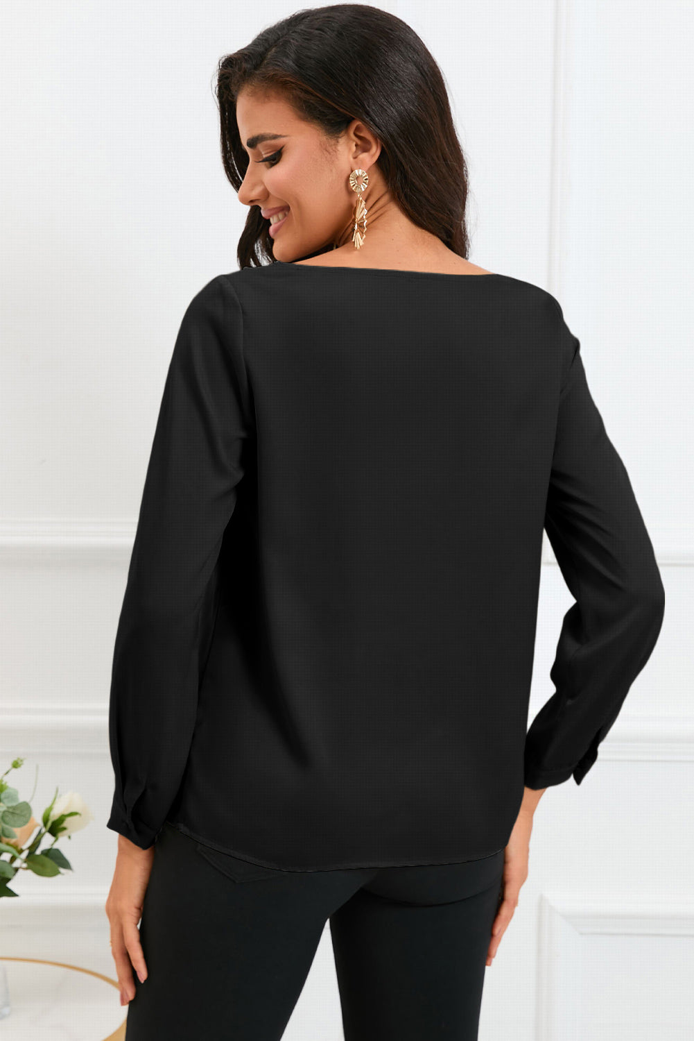 White Solid Asymmetric V Neck Long Sleeve Satin Blouse