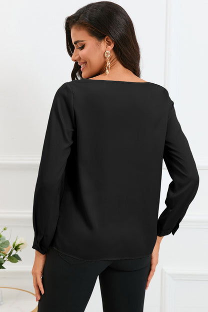 White Solid Asymmetric V Neck Long Sleeve Satin Blouse