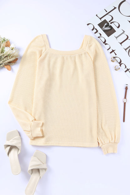 Square Neck Puff Sleeve Waffle Knit Top