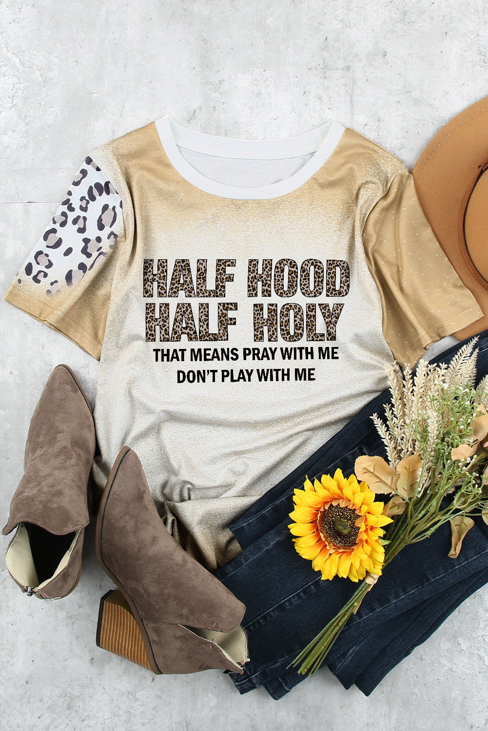 Camiseta caqui de manga corta HALF HOOD HALF HOLY Leopard