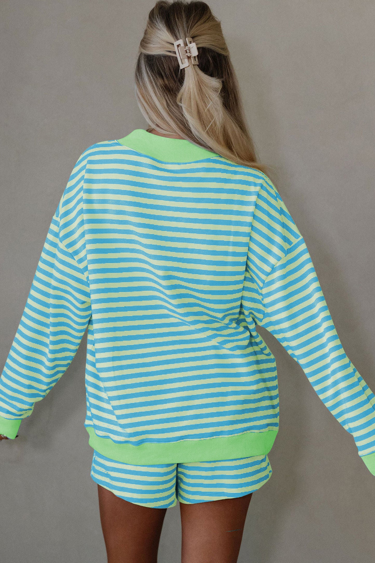 Pink Stripe Color Block Detail Long Sleeve Pullover Elastic Waist Pull On Shorts 2pcs Set