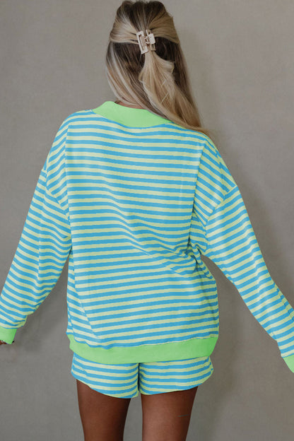 Pink Stripe Color Block Detail Long Sleeve Pullover Elastic Waist Pull On Shorts 2pcs Set