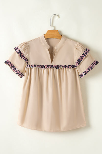 Smoke Gray Leopard Ruffles Trim Tiered Short Sleeve Blouse