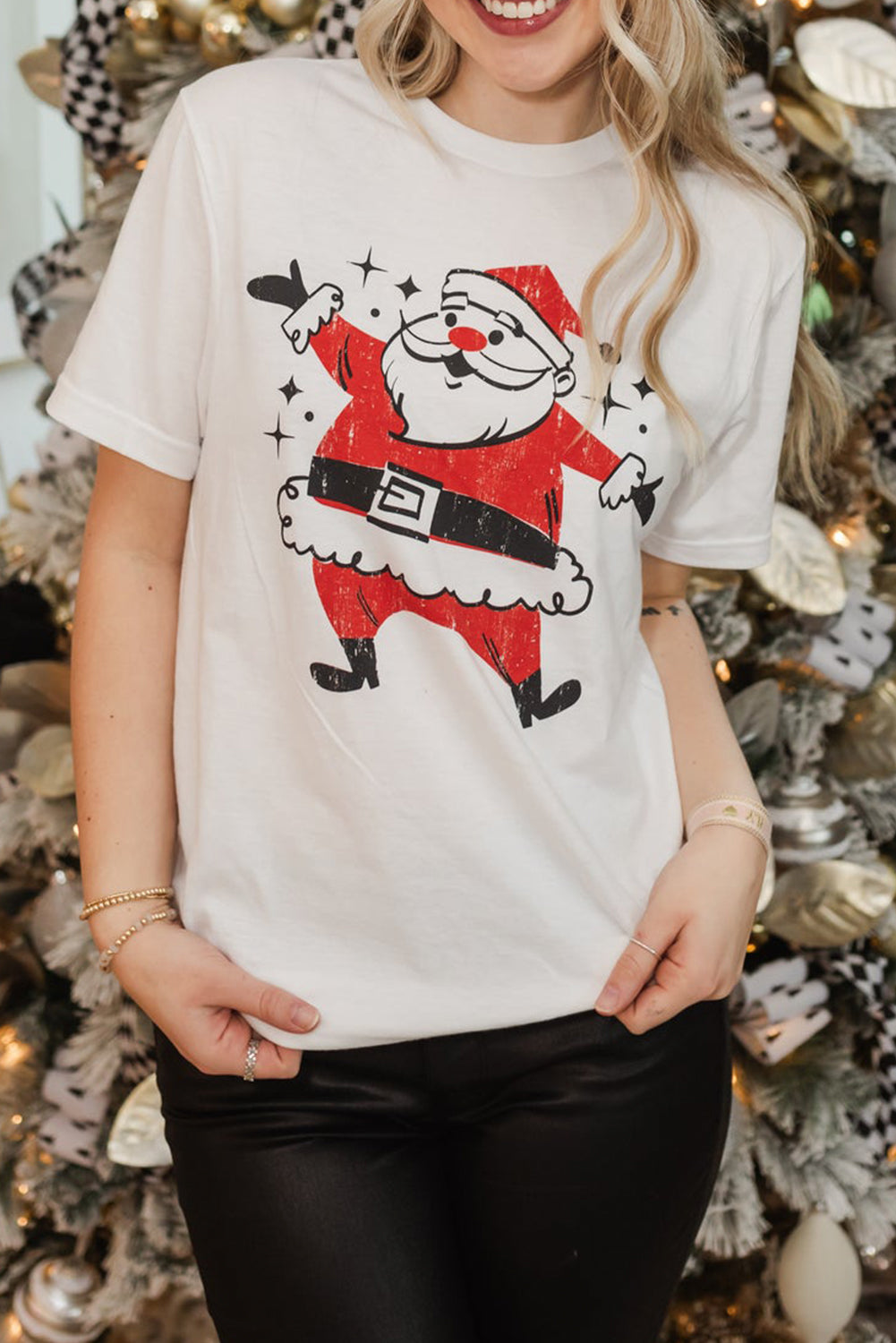 T-shirt décontracté blanc imprimé Père Noël mignon